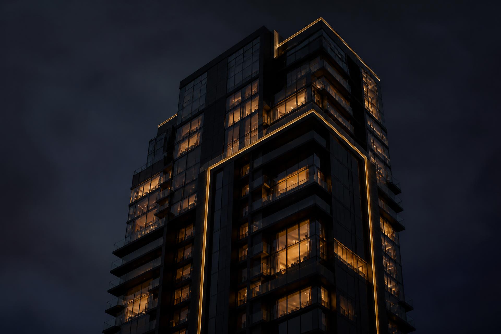 Torre residencial de piedra oscura iluminada al anochecer